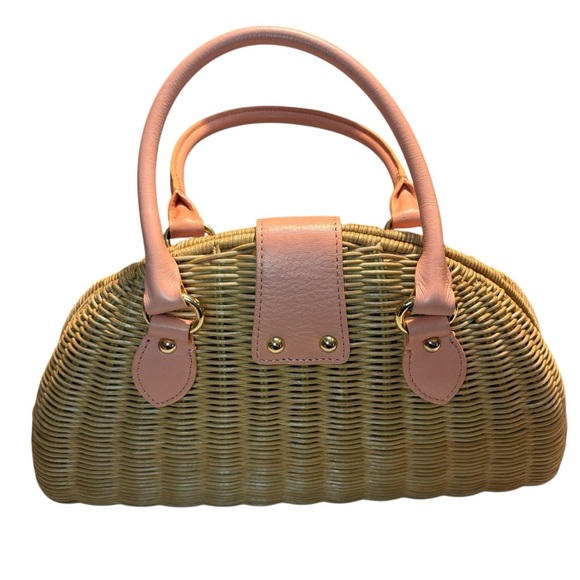 NEW Banana Republic Woven Bag Tan Rattan Pale Pink Leather Gold-Tone Hardware - Picture 2 of 16
